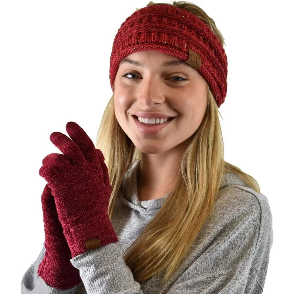 Women's Burgundy Winter Warm Eco-friendly Chenille Touchscreen Texting Gloves